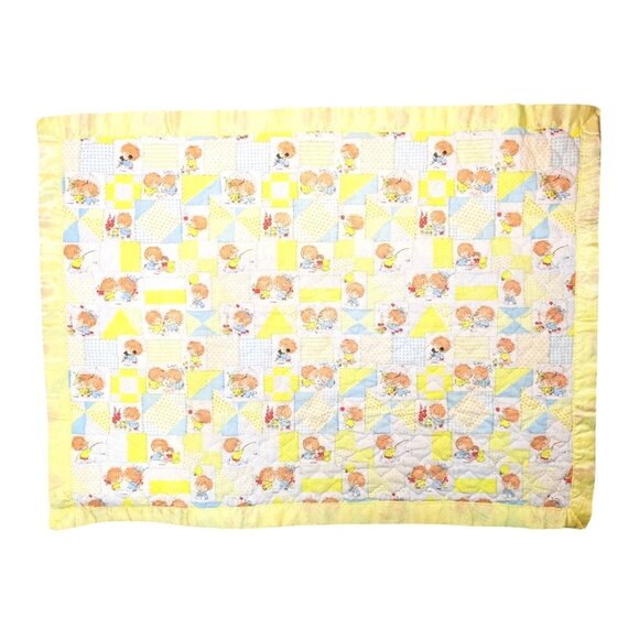Vintage Patchwork Print Baby Quilt Child Yellow Little Lil Shavers 1970 Satin - Picture 4 of 13